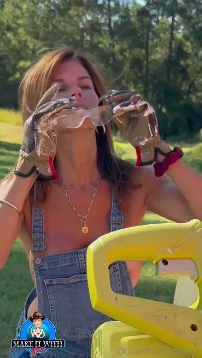 Braless Themaryburke Uses A Wood Cutter